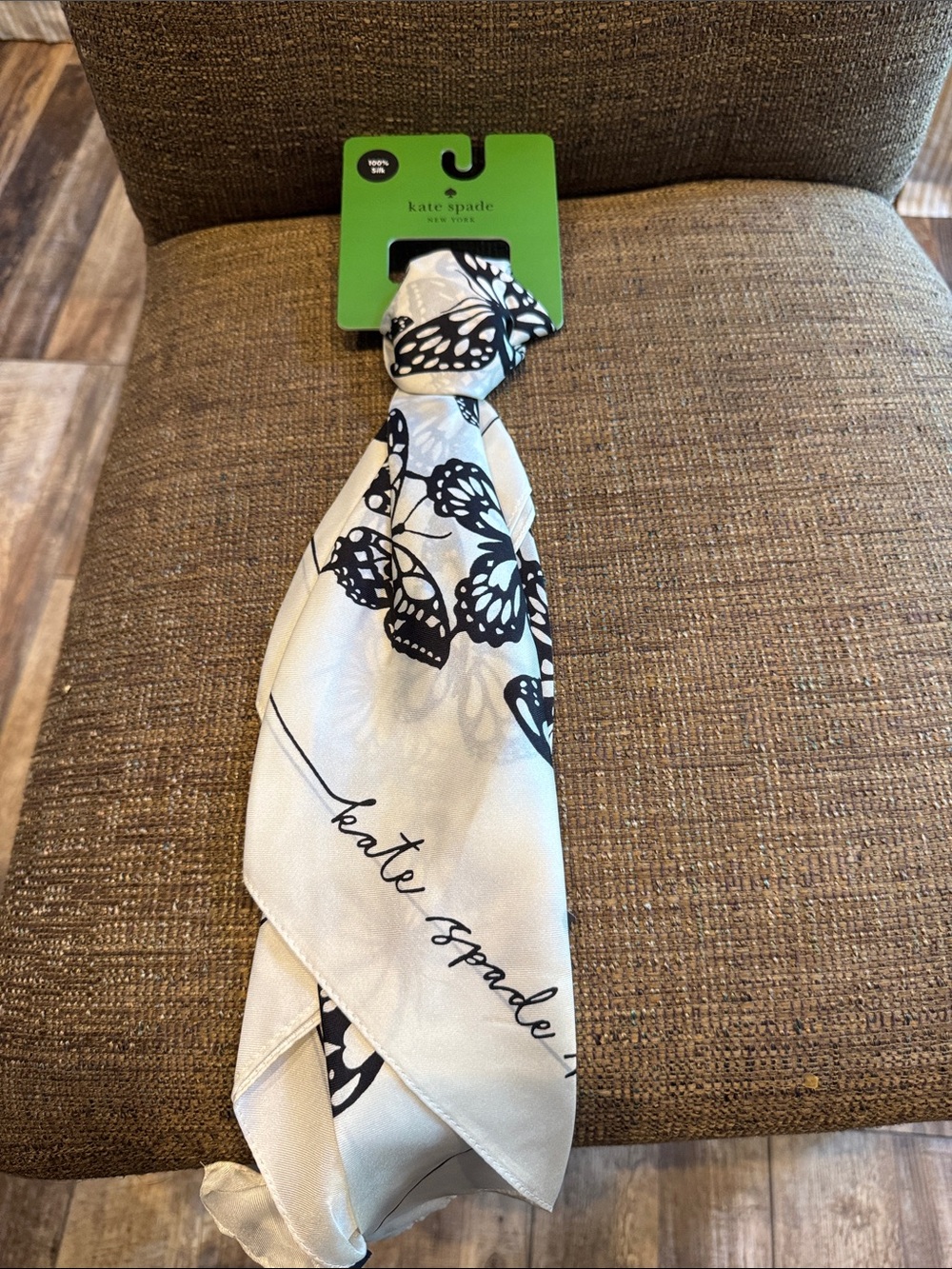 kate spade black and ivory butterfly silk scarf NWT